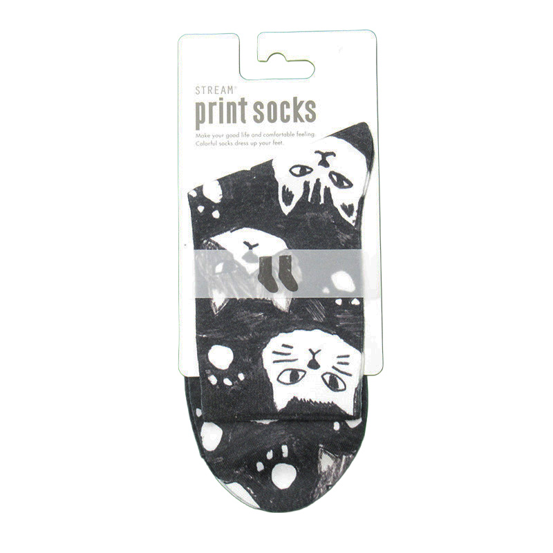 STREAM プリントクルーソックス/モノクロおすましネコ